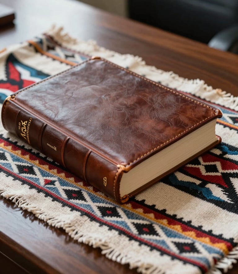 A close-up of a high-quality leather-bound law book and a traditional hand-woven North American Indigenous textile resting on a polished dark wood table. Professional, soft side lighting in a formal office setting.