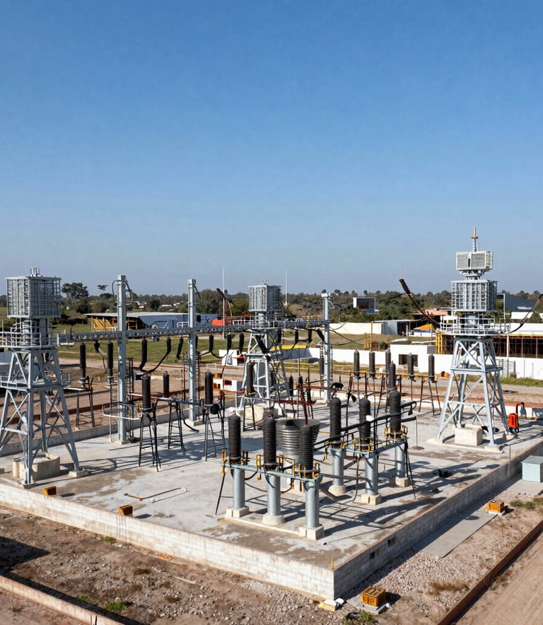 A panoramic view of an industrial electrical substation under construction in Reynosa, Mexico. Metallic towers rise against a vast landscape, showcasing expert engineering and large-scale civil works. Bright, professional photography.