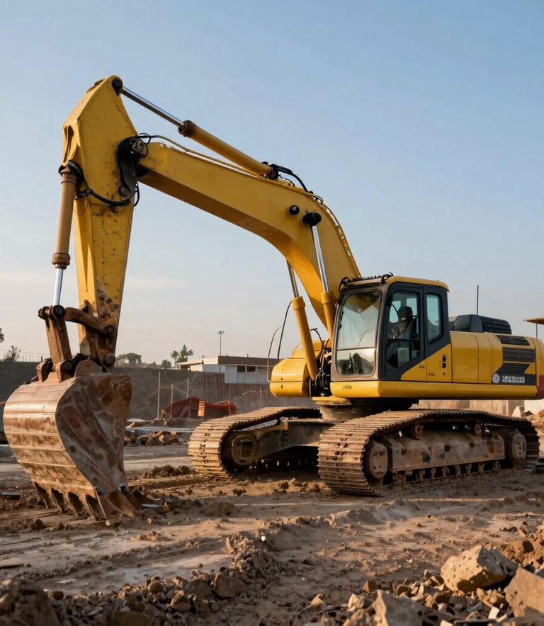 A powerful excavator working on a large-scale construction site in Saltillo, Mexico. The machine is parked on leveled earth, showing the scale of an industrial project under a clear morning sky. High-contrast photography with industrial textures and golden sunlight.