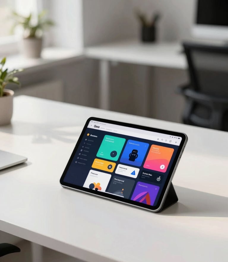 A clean, minimalist workspace in a modern Eastern European tech hub with a sleek tablet on a white desk showing a vibrant app interface. Soft, natural morning light creates a professional and approachable atmosphere.