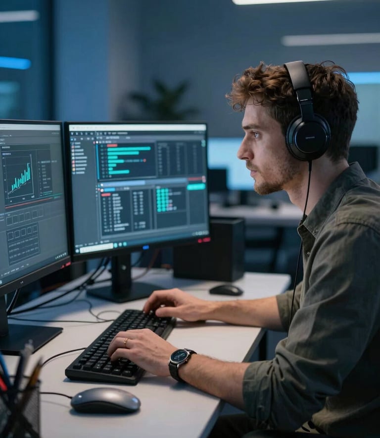 A professional developer focusing on a dual-monitor setup in a high-tech Eastern European / Tech environment, atmospheric medium blue lighting, wearing modern smart-casual attire.