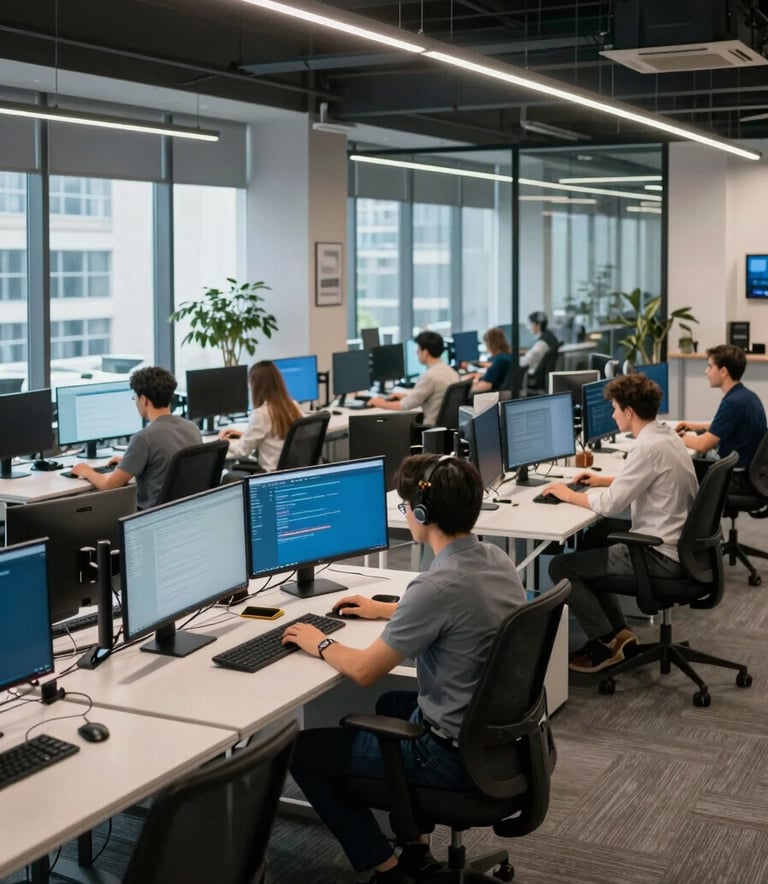 Wide shot of a contemporary software studio in an Eastern European city, featuring glass walls and ergonomic furniture. Professionals work on high-end monitors with sky blue and dark navy accents throughout the interior design.