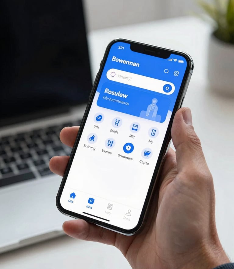 A close-up photograph of a sleek, modern smartphone held by a professional in an Eastern European / Tech office, the screen glowing with a vibrant blue and white interface, soft daylight hitting the device.