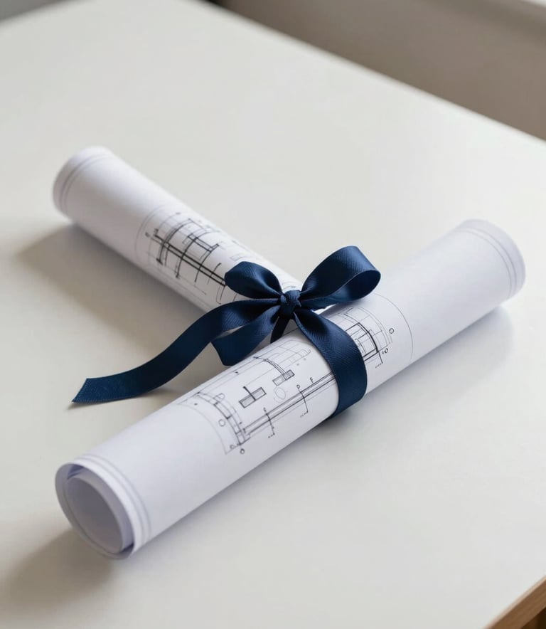 A minimalist, wide-angle shot of a rolled-up set of architectural blueprints tied with a deep navy blue ribbon, sitting on a soft off-white desk in a bright North American / US design studio. The style is clean and uncluttered.