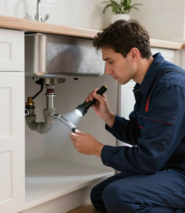 A professional plumber in a navy blue uniform inspecting pipes under a kitchen sink with a flashlight, focused expression, clean and modern Western European kitchen, professional photography.