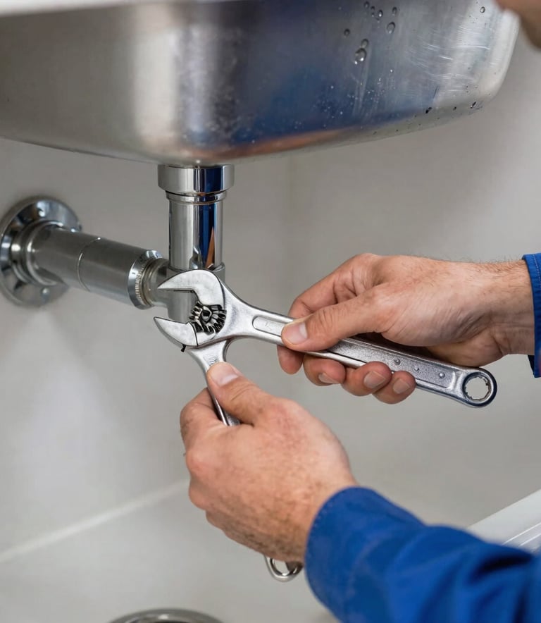 A close-up photograph of a professional plumber's hands using a wrench to tighten a chrome pipe under a modern kitchen sink. The lighting is bright and clean, showing the metallic textures and the worker's professional blue uniform. Western European / French setting.
