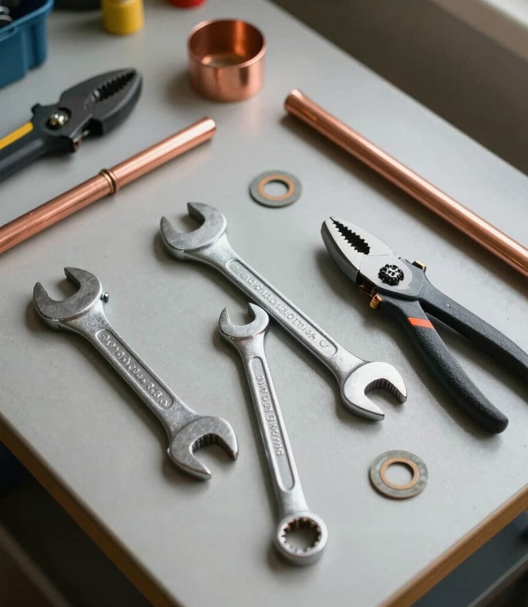 A top-down professional shot of an organized plumbing toolkit containing wrenches, copper pipe cutters, and gaskets on a clean workbench, soft daylight, professional and efficient atmosphere, Western European style.