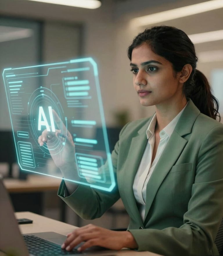 A professional Indian woman in a modern office environment, confidently interacting with a holographic interface displaying AI data visualizations. The lighting is warm and empowering, featuring brand colors #456E5E and #F3F7F5.