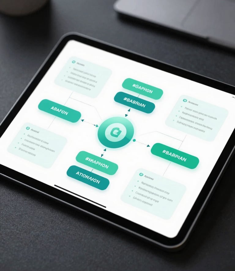 A close-up, high-quality photograph of a digital tablet showing a clean, modern AI implementation roadmap and flowchart. The aesthetic is professional and tech-forward, incorporating soft glowing accents in #8AB9A6 against a dark, sophisticated workspace.