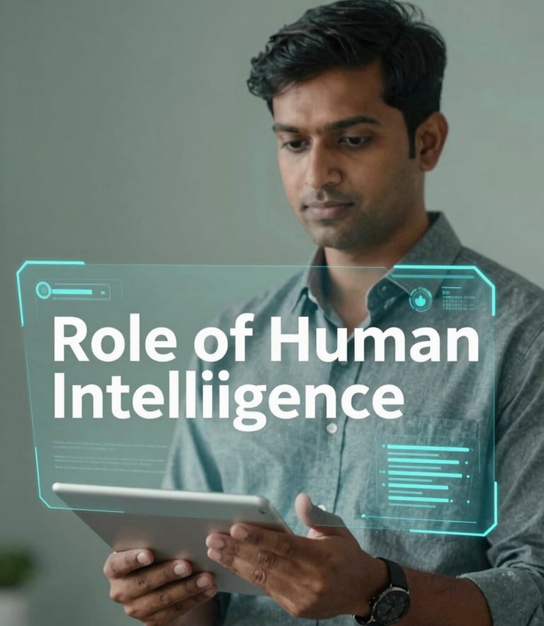 A professional and empowering image of an Indian tech leader working with a holographic data interface. The composition is focused on the human element, symbolizing the 'Role of Human Intelligence.' Subtle lighting using #456E5E and #F3F7F5, modern and results-oriented style.