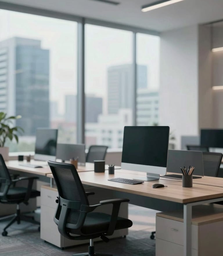 A sophisticated, modern minimalist office interior in a major Indian city like Bangalore or Mumbai. Soft morning light enters through large windows. The scene features a clean workspace with high-end tech. The color palette incorporates #1D322B and #8AB9A6 for a professional, empowering vibe.