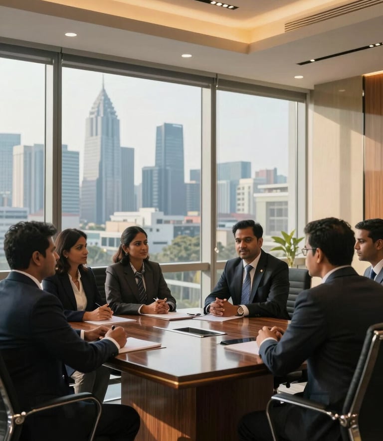 A high-end real estate office in Gurgaon with floor-to-ceiling windows overlooking a modern skyline. A group of South Asian / Indian professionals in sharp business attire are gathered around a sleek mahogany table. The room is filled with warm, golden light and steel blue accents, creating an atmosphere of trust and premium expertise.