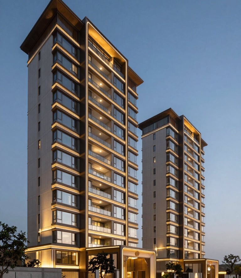 A wide-angle photography shot of a luxury residential complex in Gurgaon at dusk. The architecture is modern and sophisticated, illuminated with soft golden lights. The scene captures the premium feel of the South Asian / Indian property market with a clear evening sky in shades of steel blue.