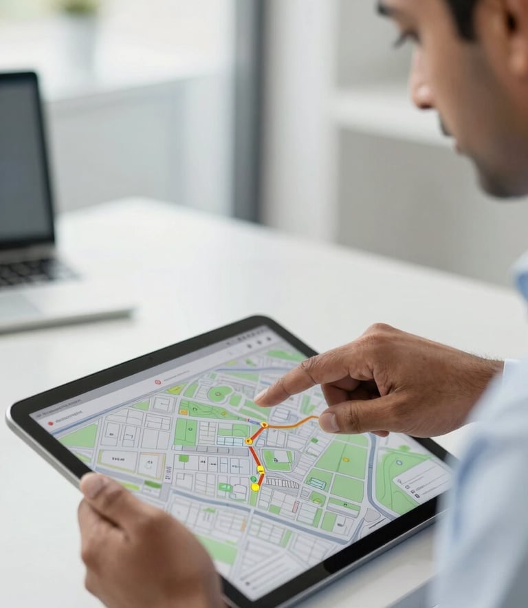 A close-up photograph of a professional South Asian / Indian real estate agent pointing at a site map on a digital tablet in a bright office. The lighting is crisp and natural, highlighting a professional and trustworthy atmosphere.