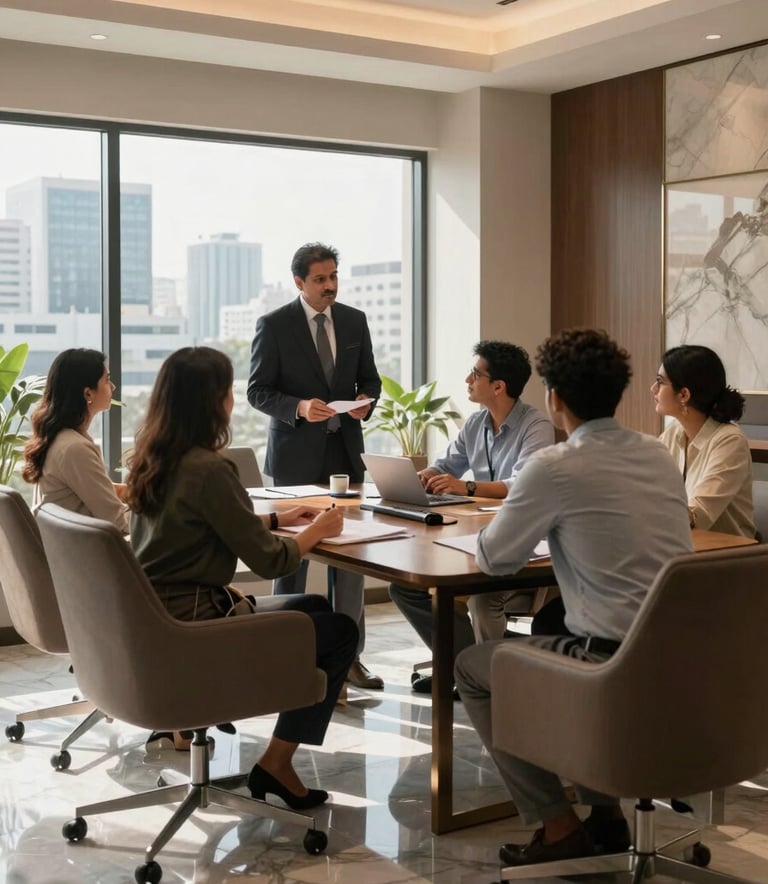 An interior shot of a sophisticated real estate office in Gurgaon with high-end furniture and marble floors. In the background, a South Asian / Indian professional is seen consulting with clients in a sunlit meeting room with views of the urban skyline.