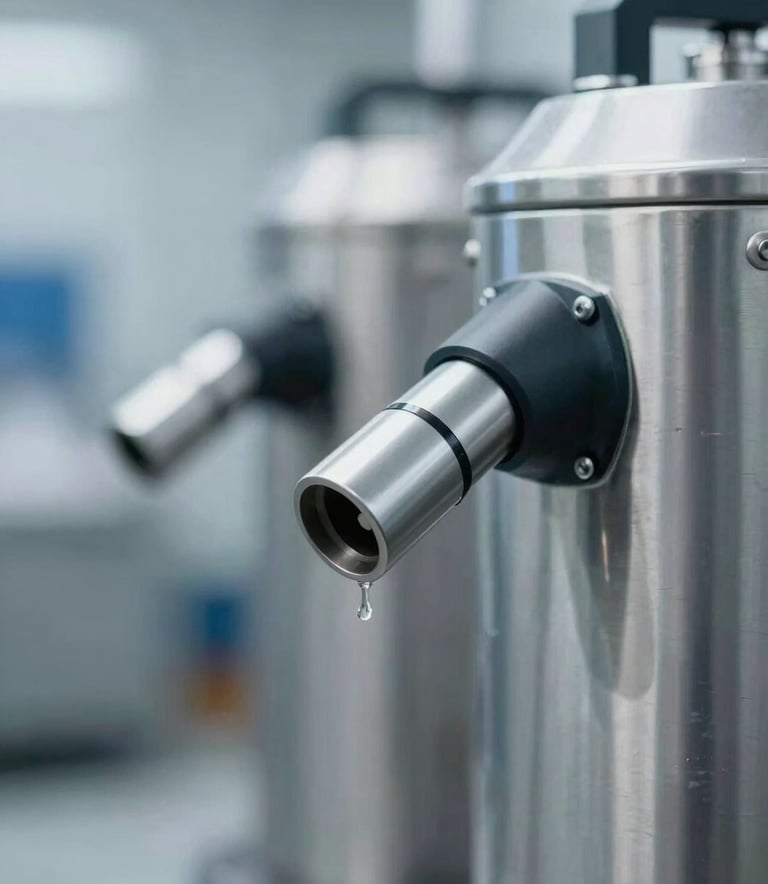 Close-up of modern industrial cleaning equipment, featuring high-pressure nozzles and stainless steel surfaces. The lighting is crisp and cool, emphasizing a functional and clean aesthetic with a color palette of #5D7A8F and silver tones.
