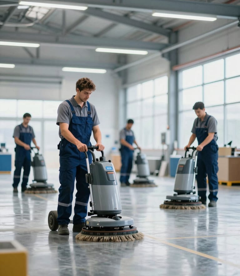 Wide shot of a professional industrial cleaning team in blue and grey uniforms operating heavy-duty floor scrubbing machinery in a massive, clean warehouse. Bright, natural lighting reflecting off a polished concrete floor. Professional and organized atmosphere using colors like #2C3E50 and #5D7A8F.