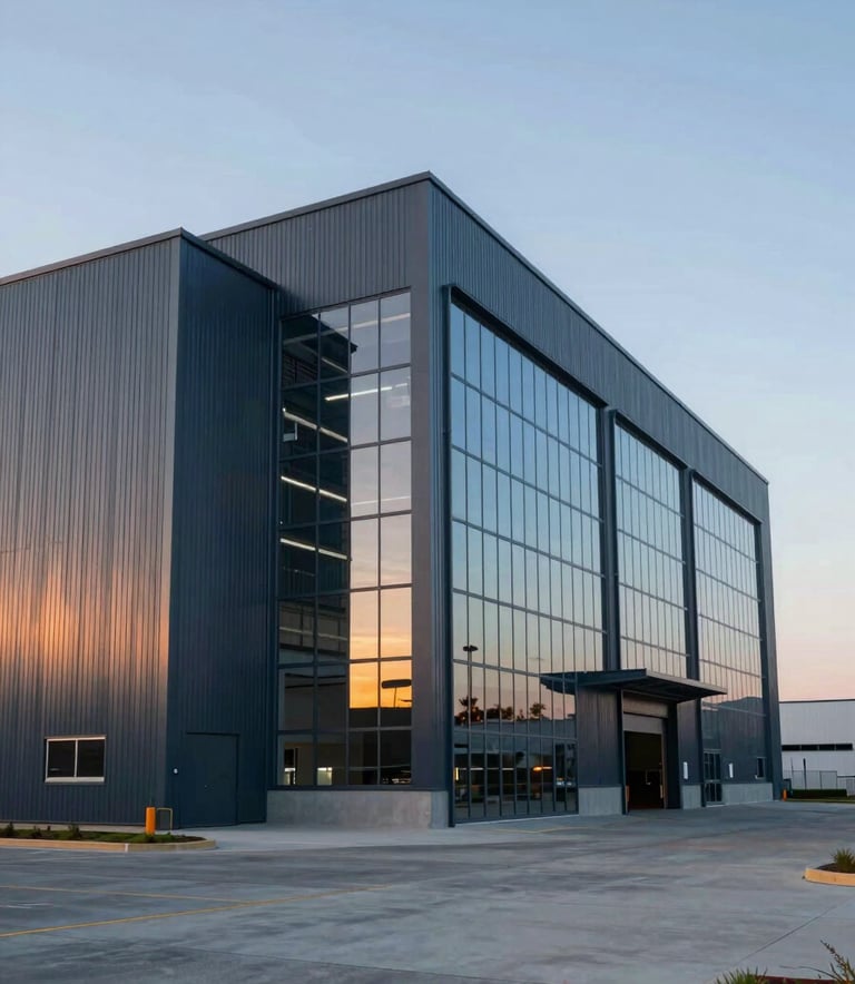 Exterior of a massive, modern industrial warehouse at sunset. The architectural lines are sharp, featuring steel and glass. Reflects the #2C3E50 brand color in the shadows and steel.