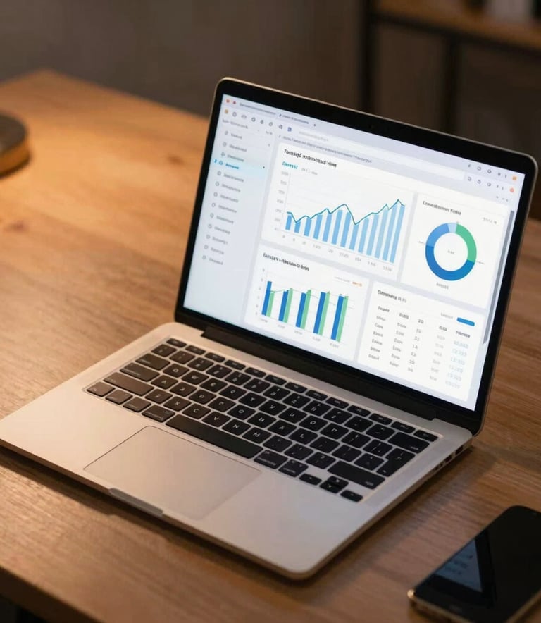 A high-angle shot of a sleek laptop displaying complex e-commerce sales dashboards and growth charts, sitting on a polished desk in a South Asian / Indian office setting with soft burnt orange ambient lighting.