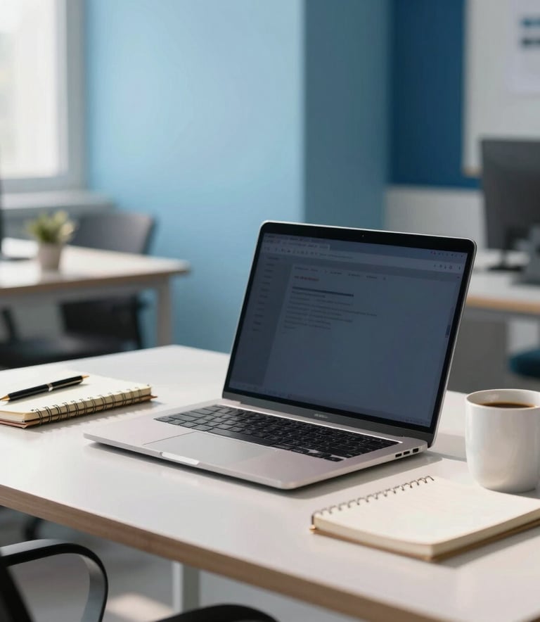 A professional South Asian workspace featuring a sleek desk with a modern laptop, a notebook, and a coffee mug. The setting is a bright, sun-drenched office in India with sky blue and navy accents in the decor.