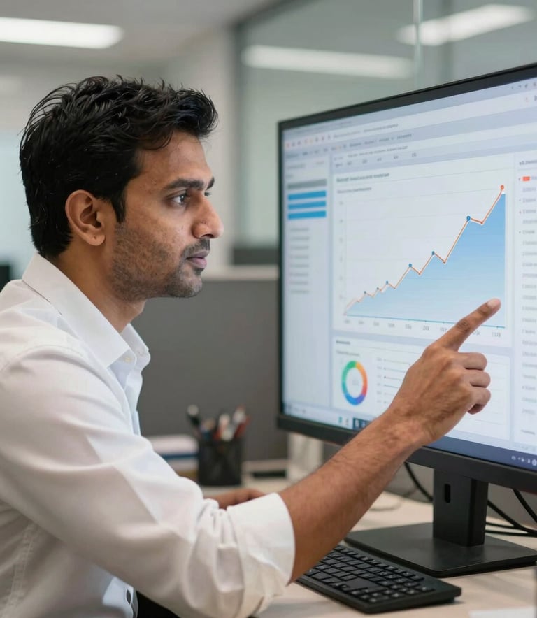 A detailed photograph of a professional South Asian male expert in a modern Saharanpur office, confidently pointing at a large monitor displaying data analytics and growth trends. Sharp focus, professional lighting, corporate atmosphere.