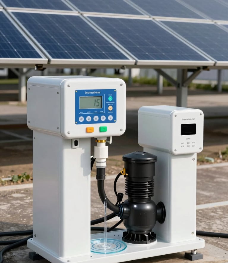 A professional photo showing an array of high-quality monocrystalline solar panels connected to a water pumping station, clean modern design, International / Professional.