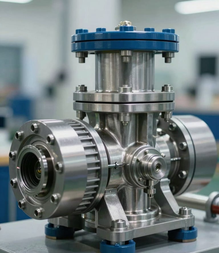 A close-up photograph of a high-precision industrial water pump and stainless steel piping assembly, clean professional lighting, International / Professional setting.