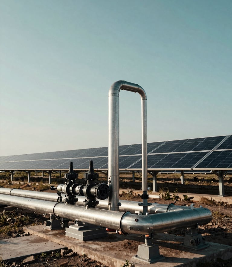 A wide-angle landscape photograph of a solar water pumping installation with polished steel pipes and sleek solar panels under a clear sky. International / Professional setting. Palette of dark teal and light grayish blue.