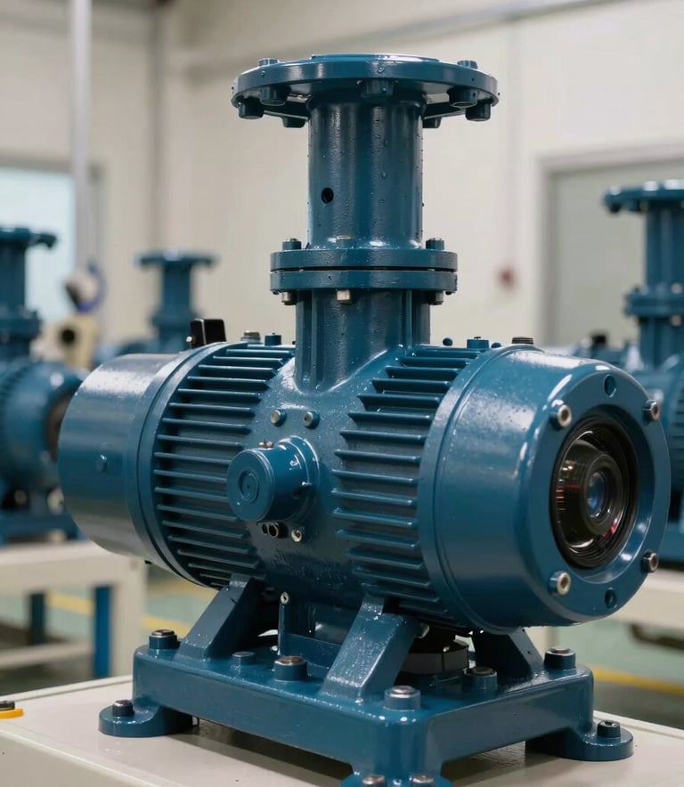 Detailed shot of a high-performance industrial water pump installed in a clean, modern facility. The lighting is sharp and professional, highlighting the metallic surfaces. International / Professional context. Palette uses dark teal and off-white.