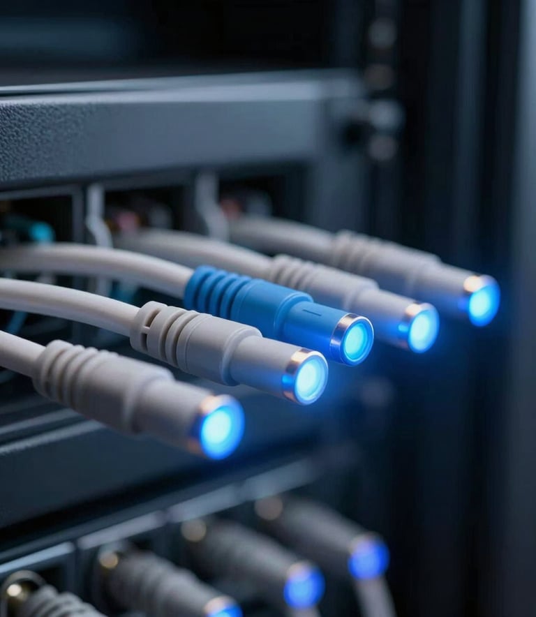A close-up photograph of high-tech fiber optic cables with glowing blue light tips in a server room in Brazil, shallow depth of field, professional lighting, modern and efficient atmosphere with muted blue and dark gray tones.