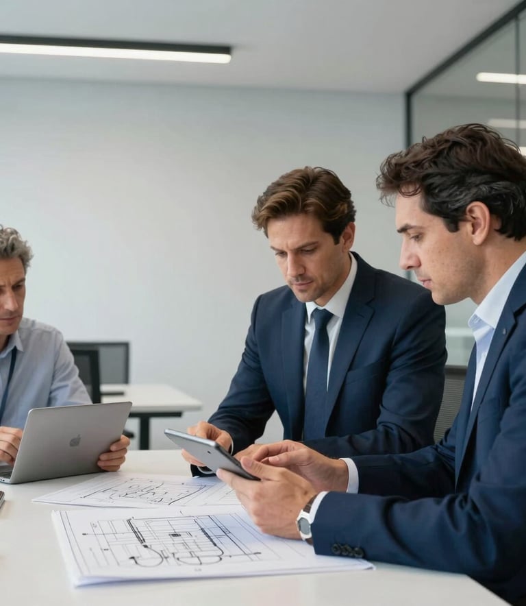 A collaborative meeting of engineers in a modern office in Sao Paulo, looking at technical blueprints on a tablet, clean minimalist architecture, professional lighting, colors including light grey and deep blue, South American / Brazilian setting.