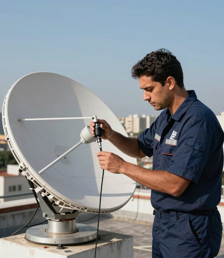 A medium shot of a professional technician in a modern uniform working on a satellite dish on a rooftop in a Brazilian city, clear sky, daylight, focus on precision and expertise, using dark blue and light gray palette.