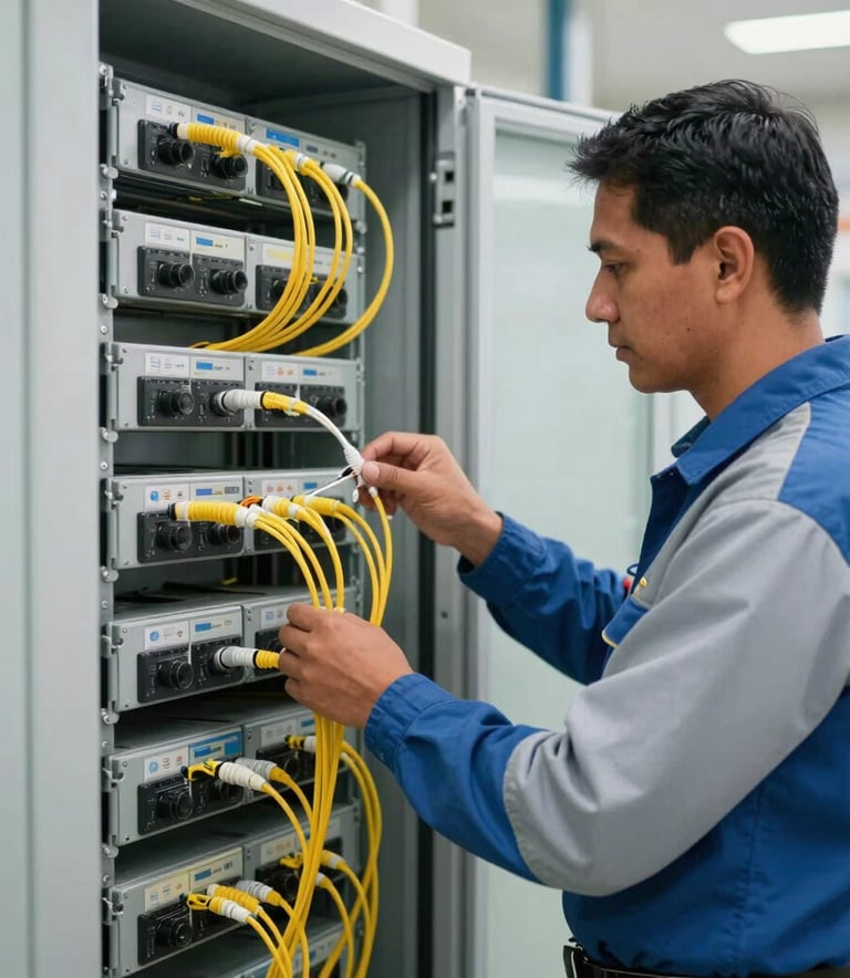 Professional setting in a South American telecommunications hub, a technician in modern attire inspecting fiber optic arrays, soft daylight, professional blues and whites in a clean composition.