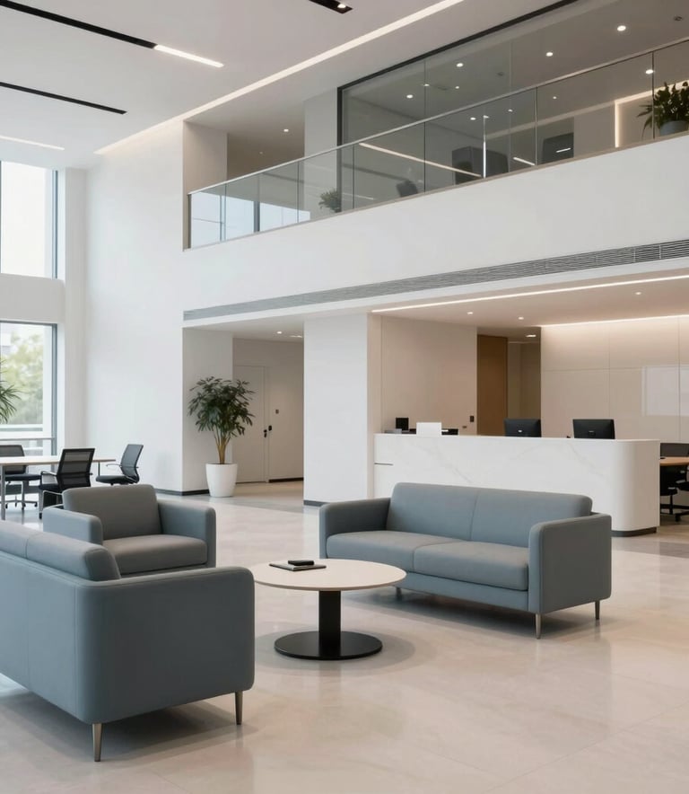 A professional wide-angle photograph of a clean, modern North American office lobby. The space is filled with soft light and features minimalist furniture in slate blue and off-white tones.