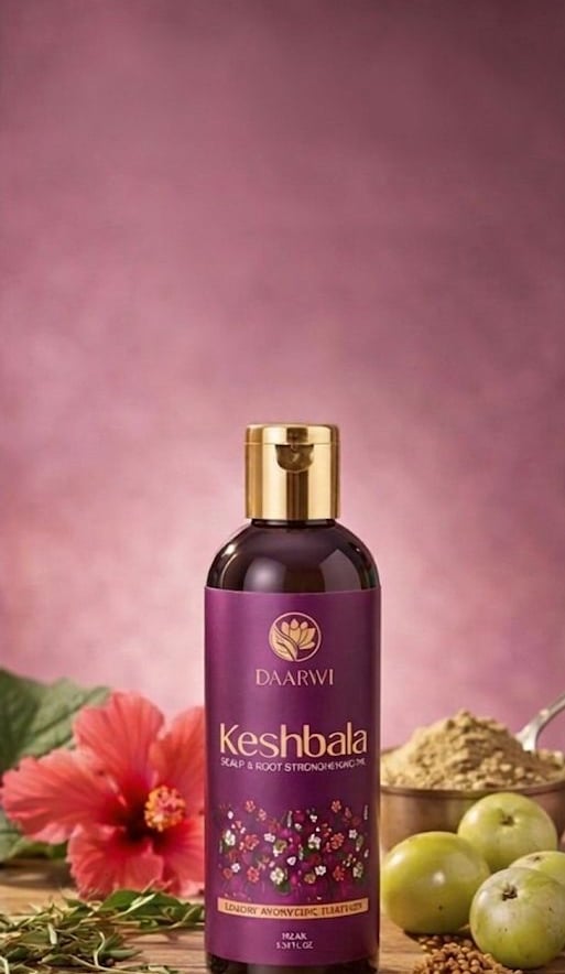 Daarwi Keshbala hair oil bottle with amla, hibiscus, and ayurvedic herbs for scalp and root strengthening.
