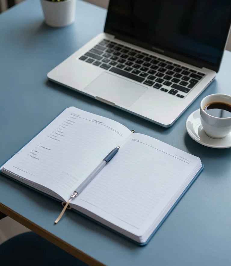 A high-angle photograph of a organized Brazilian workplace, showing a slate blue desk with a high-end laptop, a neatly placed pale blue planner, and a modern ceramic cup of coffee, clean and professional lighting.