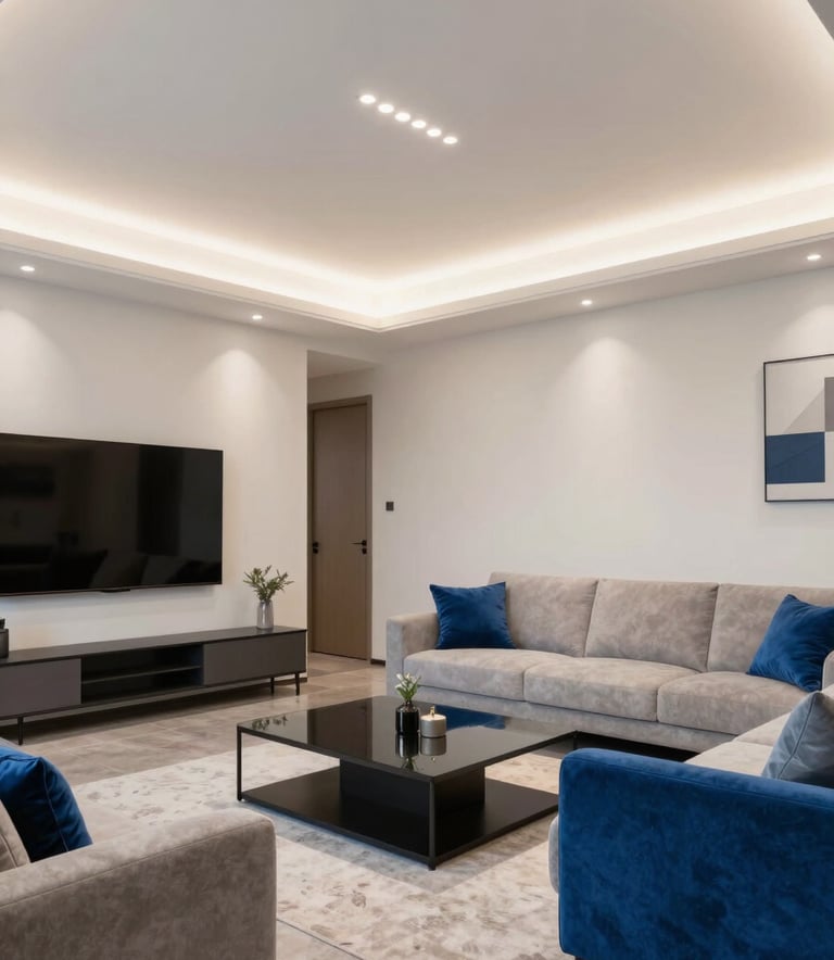 A wide-angle view of a contemporary North American / US living room with sophisticated recessed LED lighting, crisp off-white walls, and electric blue accents in the decor.