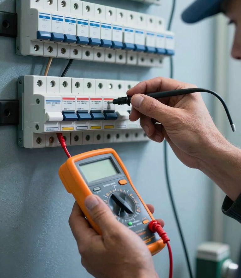 A detailed shot of an electrician's hand testing a circuit breaker with a digital multimeter in a North American / US garage setting, misty blue lighting.