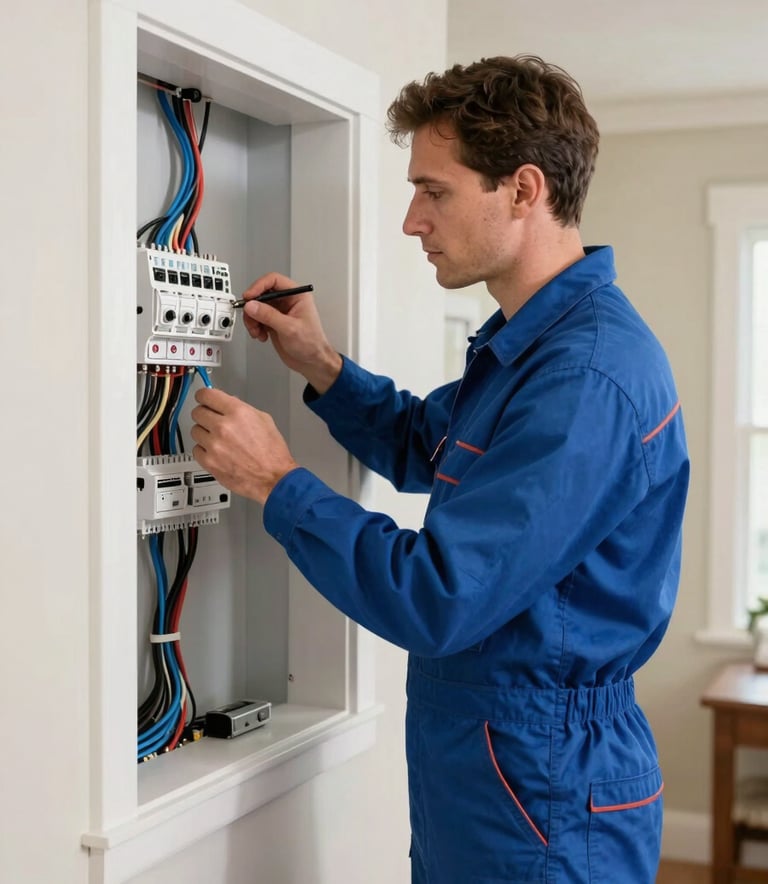 A professional electrician in high-quality work attire inspecting a residential wiring system in a North American / US home. The composition is a medium shot with modern, clean lighting emphasizing electric blue and off-white tones to convey trust and technical precision.
