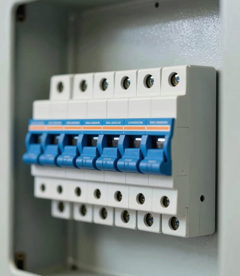 A professional close-up photograph of a clean, modern electrical circuit breaker panel inside a North American / US building. The lighting is bright and clear, highlighting electric blue components against soft steel blue and off-white metallic textures.
