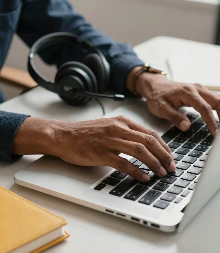 A close-up of a person typing on a laptop with a modern headset on a desk, a golden yellow notebook nearby, bright office setting, South American / Brazilian context.