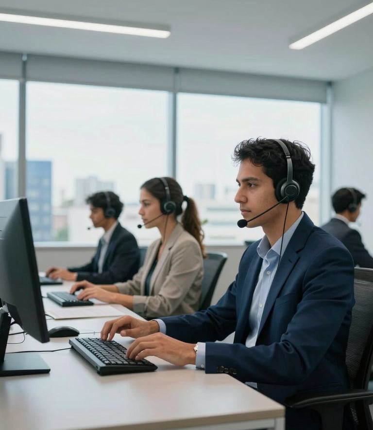 Wide shot of a modern, bright tele-attendance office in a Brazilian metropolis, South American / Brazilian professional staff working diligently with ergonomic headsets, soft sunlight through large windows, clean navy blue and pale blue aesthetic.