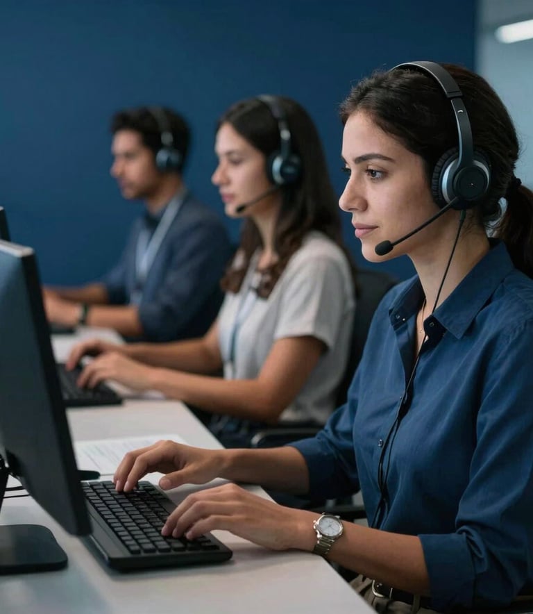 A modern call center with South American / Brazilian professionals using high-tech equipment, dark blue tone, professional and reliable atmosphere.