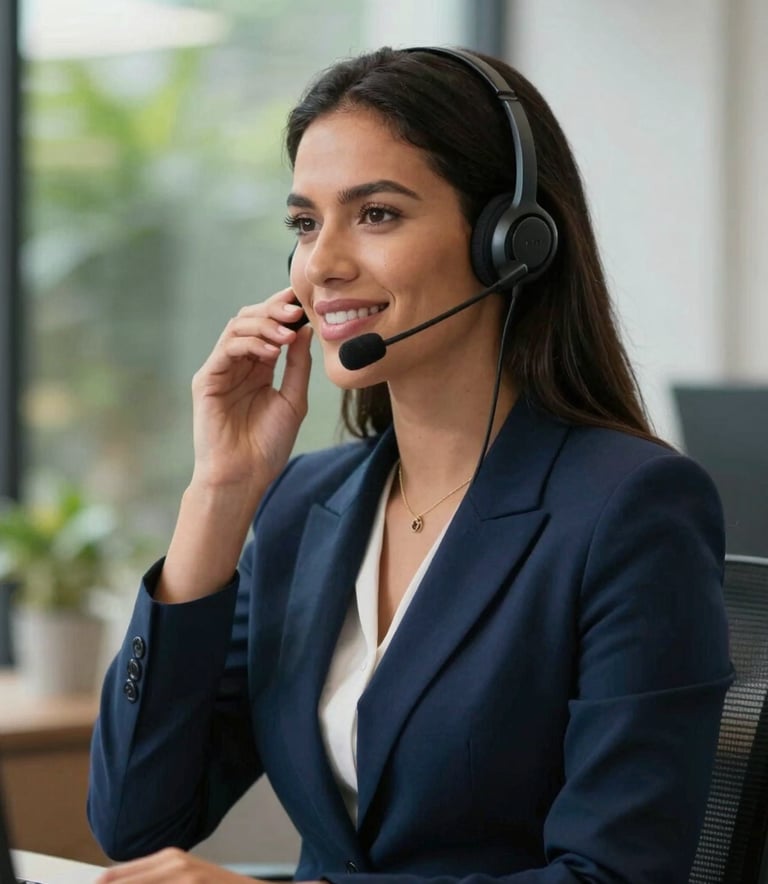 Medium shot of a professional South American / Brazilian woman in a smart casual navy blue outfit, speaking into a high-tech headset with a confident smile, corporate office background with blurred greenery, natural cinematic lighting, professional atmosphere.