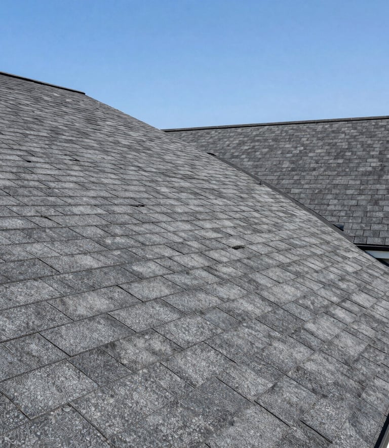A wide, low-angle shot of a stunning newly finished residential roof with high-quality charcoal gray shingles on a North American suburban home. The composition is clean and strong under bright daylight.