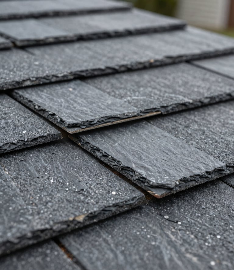 Macro photography focusing on the precise installation of dark slate gray roofing shingles on a North American residential home. The textures of the high-quality materials are sharp and detailed, conveying trust and reliability.
