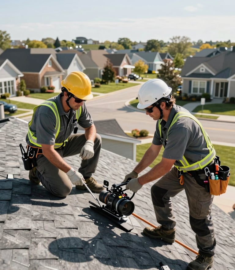 A professional roofing crew in North American / US attire working on a residential home roof. The scene is bright with morning sunlight, showing clean Slate Gray uniforms and high-quality safety gear. Modern suburban neighborhood in the background.