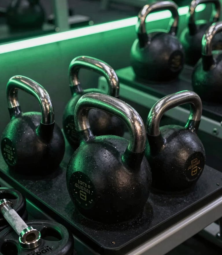 A close-up, sharp architectural shot of high-end gym equipment including heavy kettlebells and stainless steel weights. The lighting is low and moody with electric green neon glows reflecting off black surfaces. Premium fitness movement atmosphere.