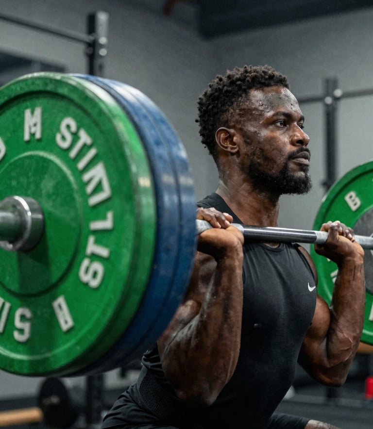 A close-up photograph of a focused athlete performing a deadlift with professional weights in a high-end gym in Abuja, West African / Nigerian setting, moody lighting with electric green and dark grey tones.
