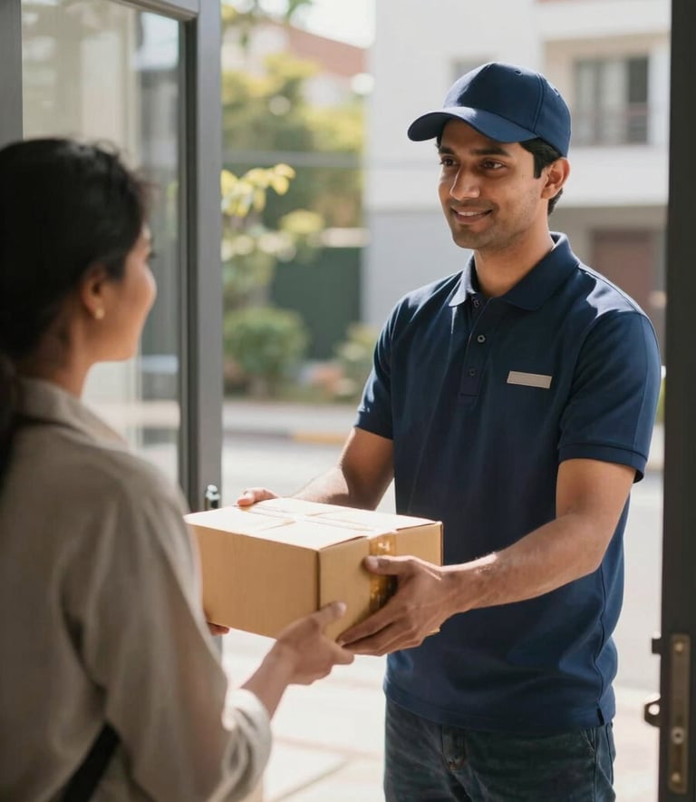 A professional courier in a navy blue uniform handing a package to a customer at a modern doorstep in an urban South Asian neighborhood during the morning, bright and natural lighting.